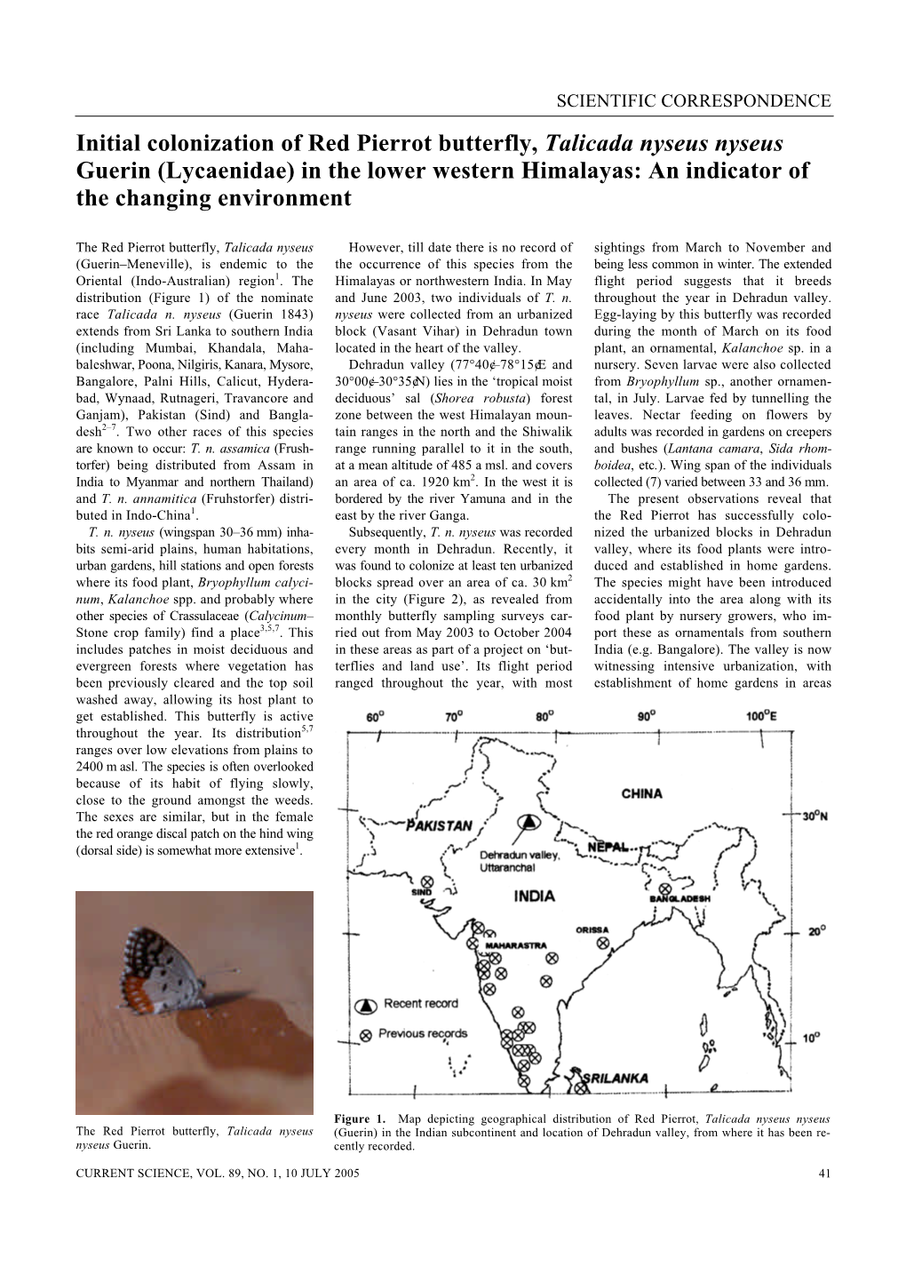 Initial Colonization of Red Pierrot Butterfly, Talicada Nyseus Nyseus Guerin (Lycaenidae) in the Lower Western Himalayas: an Indicator of the Changing Environment