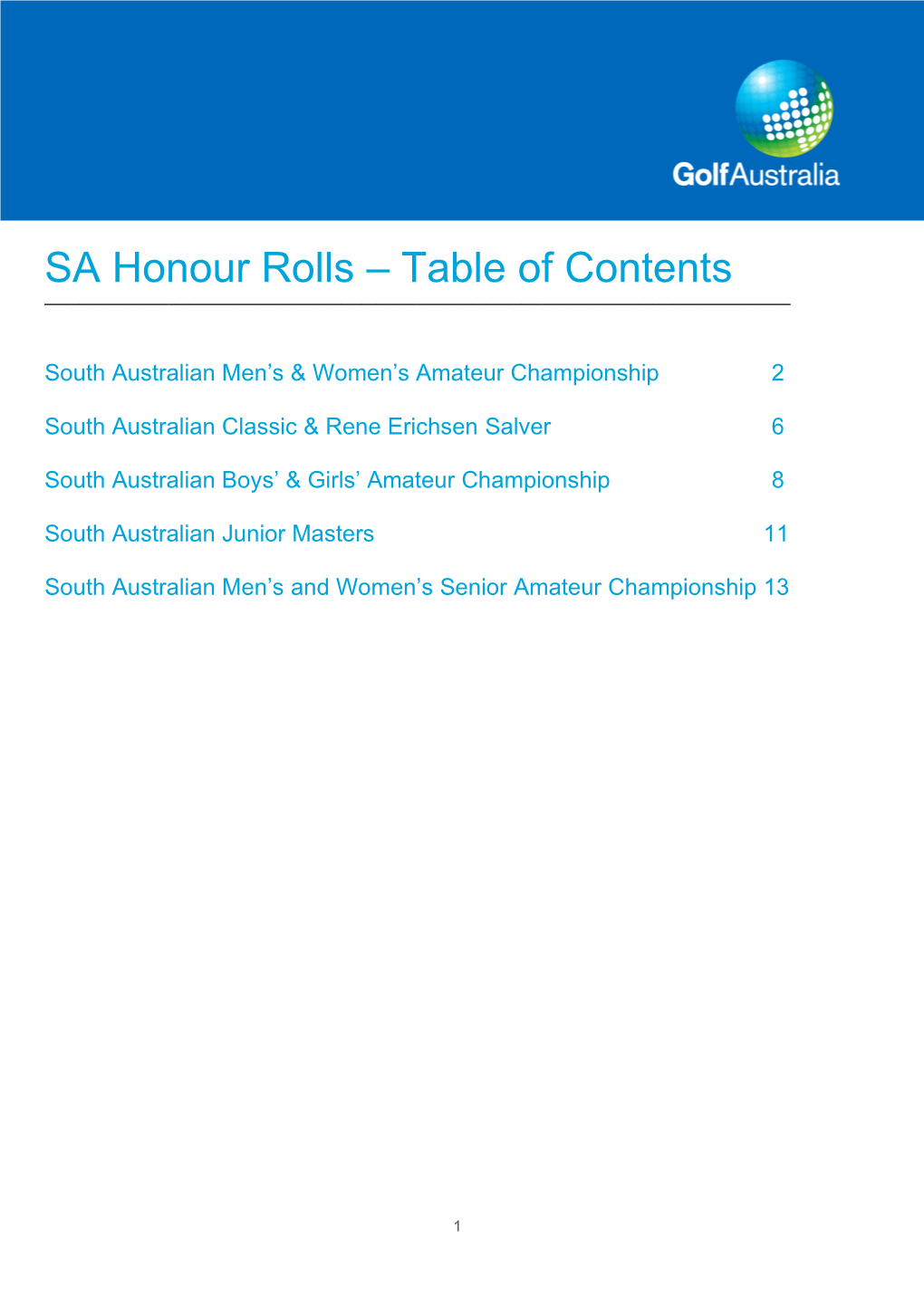 SA Honour Rolls – Table of Contents ______