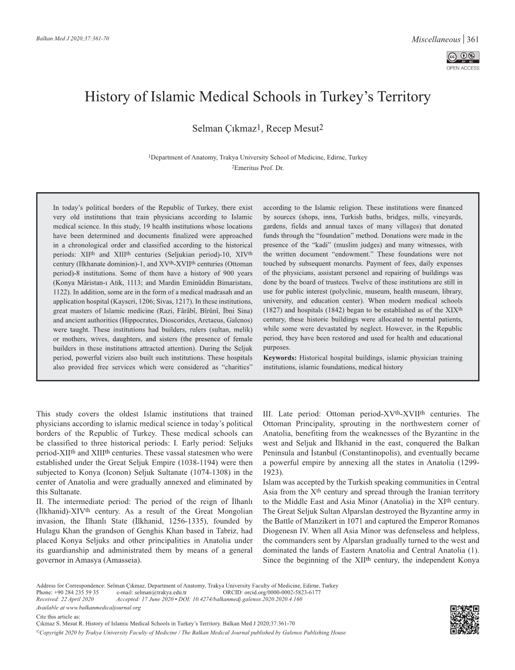 History of Islamic Medical Schools in Turkey's Territory