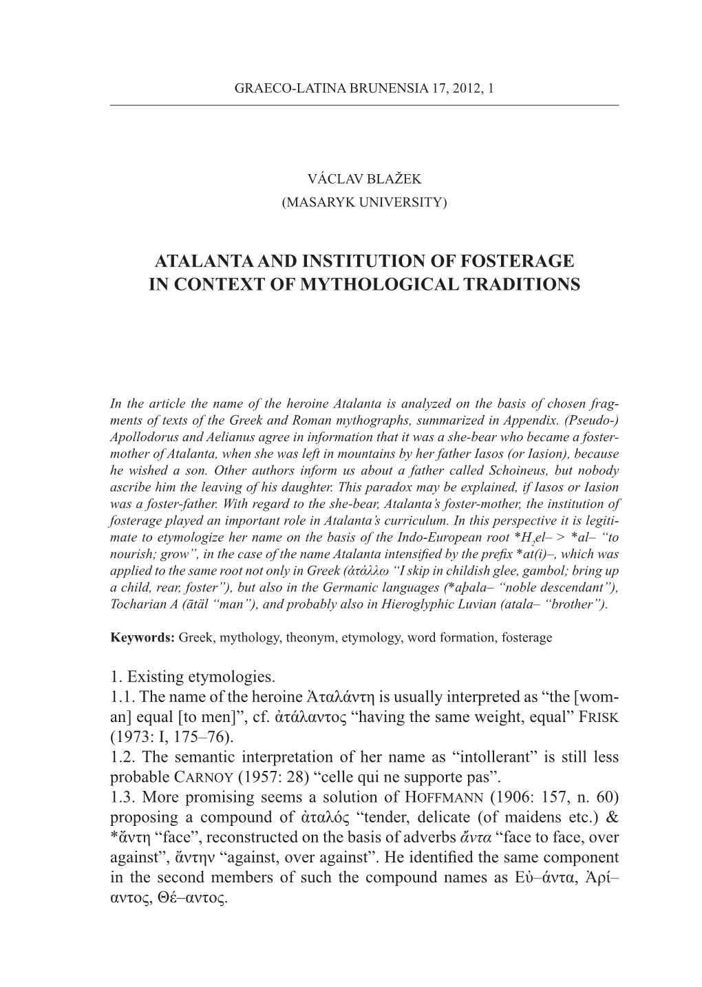 Atalanta and Institution of Fosterage in Context of Mythological Traditions