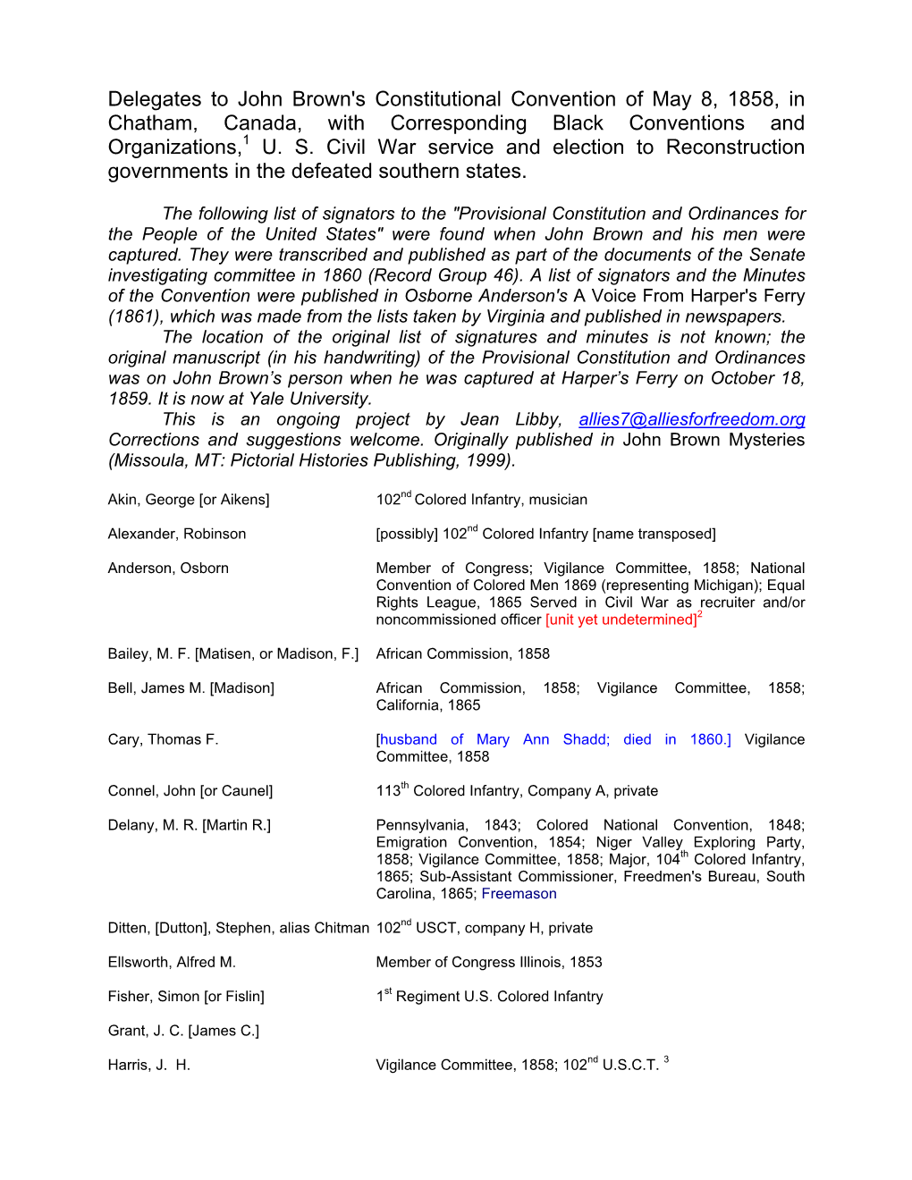 Delegates to John Brown's Constitutional Convention of May 8, 1858, in Chatham, Canada, with Corresponding Black Conventions and Organizations,1 U