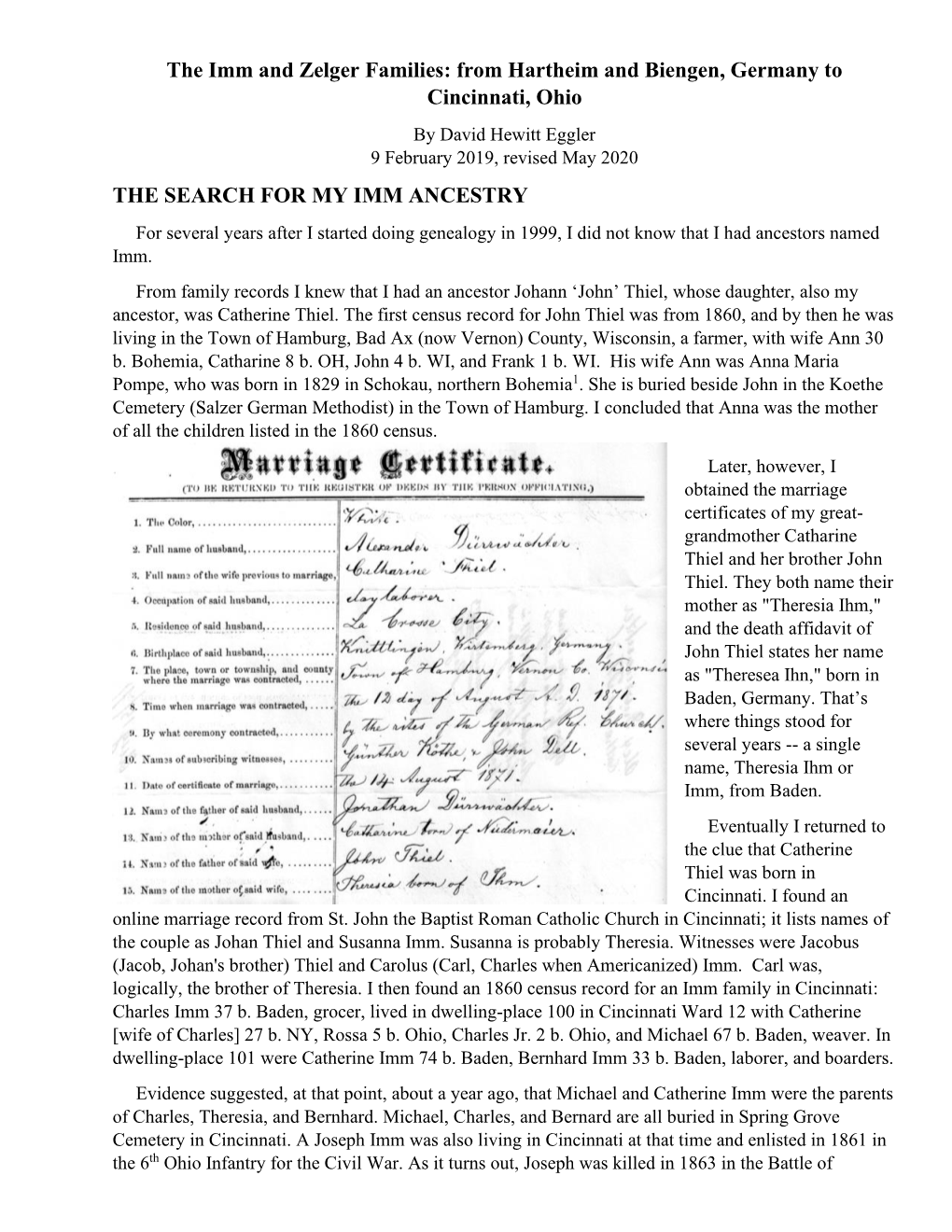 The Imm and Zelger Families: from Hartheim and Biengen, Germany To