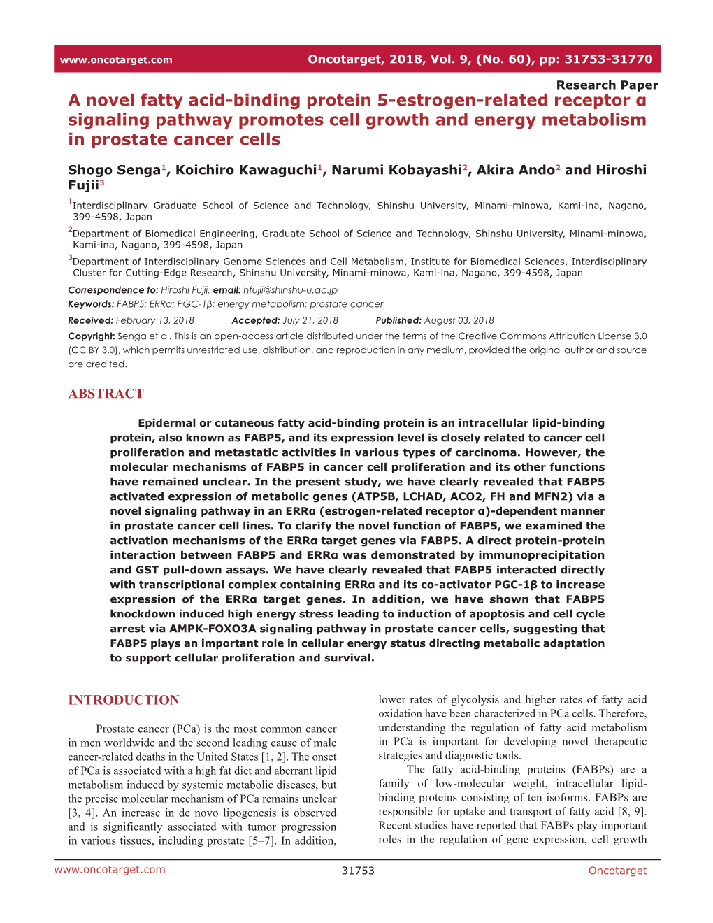 A Novel Fatty Acid-Binding Protein 5-Estrogen-Related Receptor Α Signaling Pathway Promotes Cell Growth and Energy Metabolism in Prostate Cancer Cells