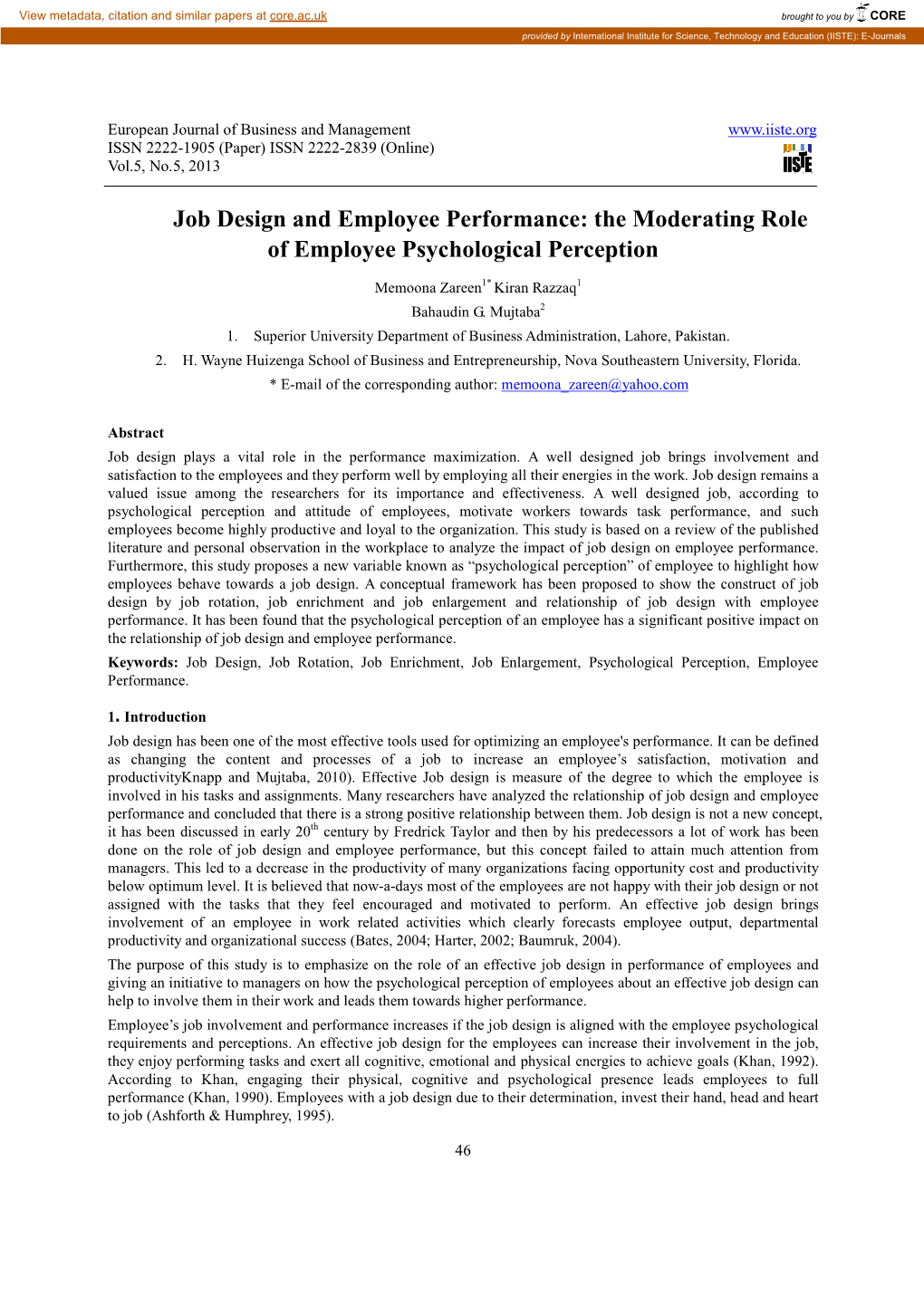 Job Design and Employee Performance: the Moderating Role of Employee Psychological Perception