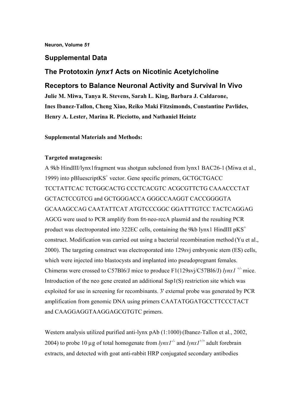 Supplemental Data the Prototoxin Lynx1 Acts on Nicotinic