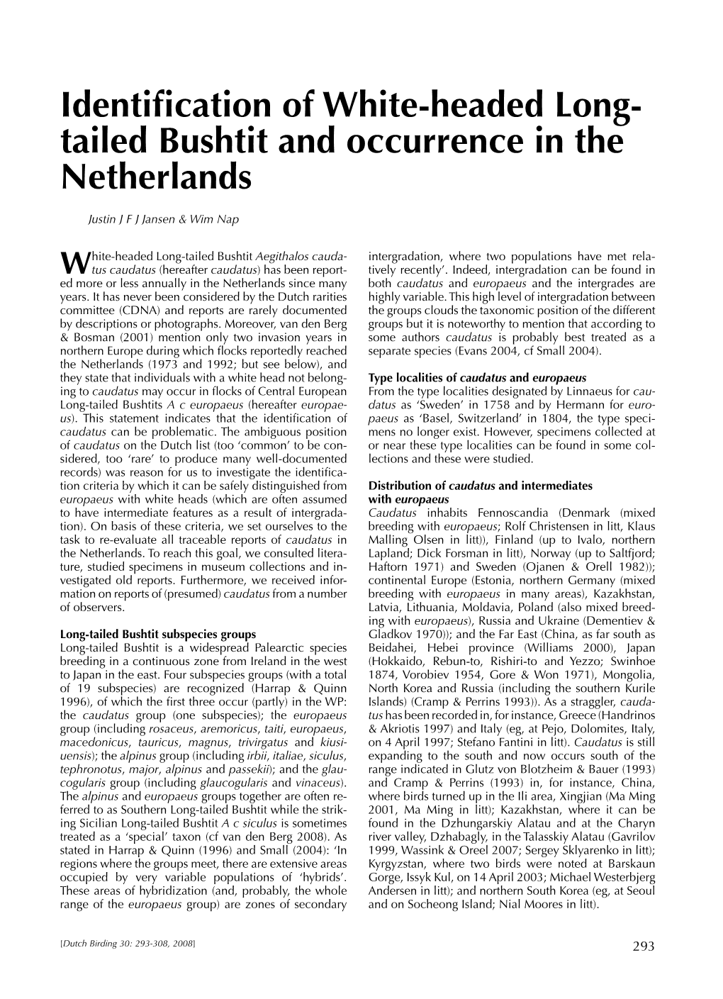 Identification of White-Headed Long- Tailed Bushtit and Occurrence in the Netherlands