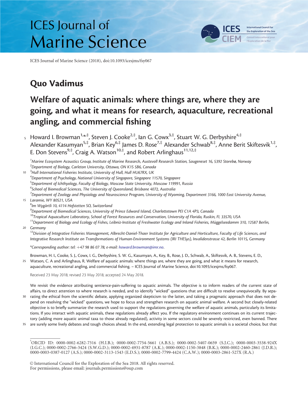 Quo Vadimus Welfare of Aquatic Animals: Where Things Are, Where