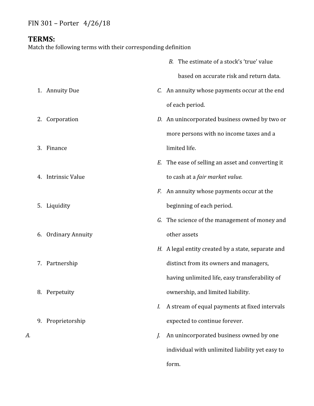 Match the Following Terms with Their Corresponding Definition