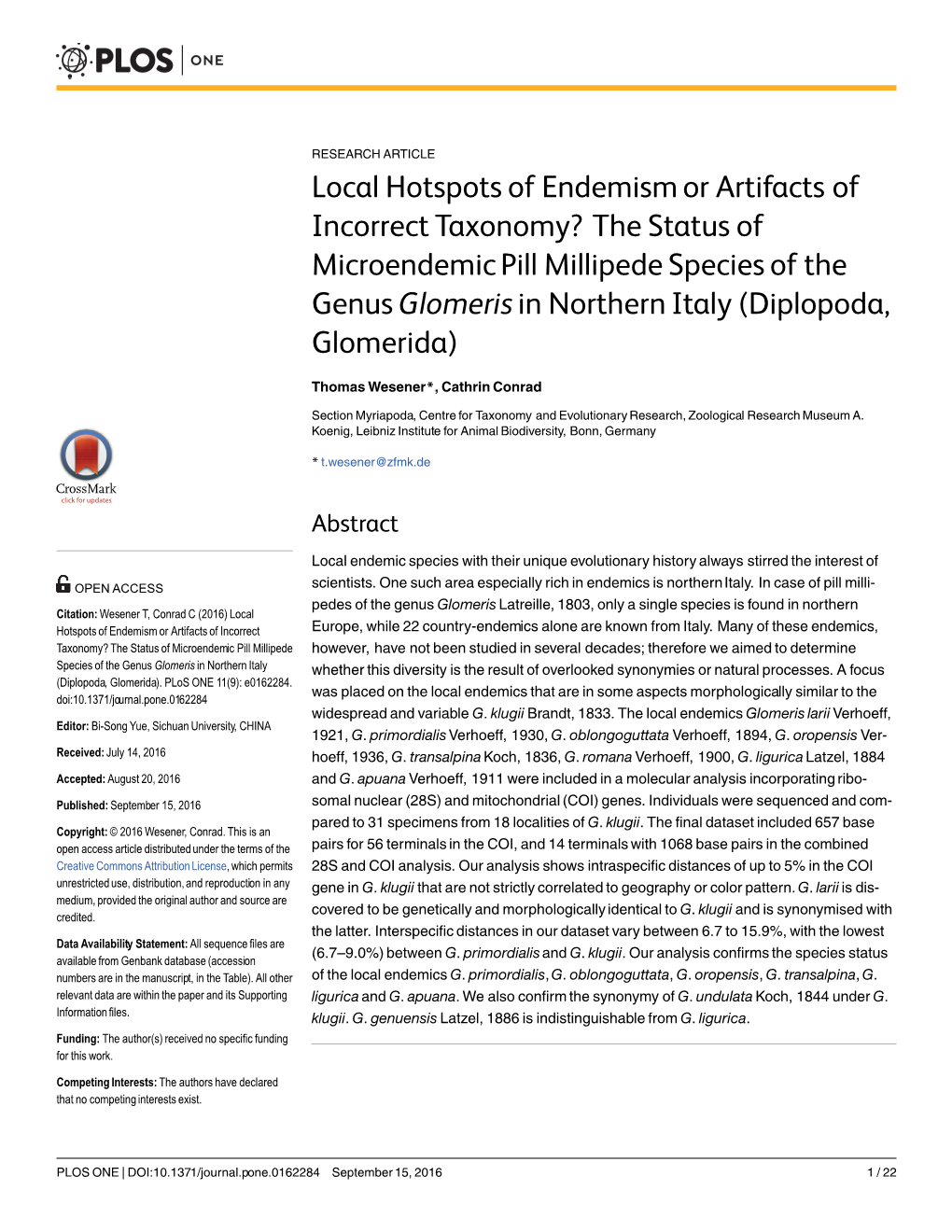 The Status of Microendemic Pill Millipede Species of the Genus Glomeris in Northern Italy (Diplopoda, Glomerida)