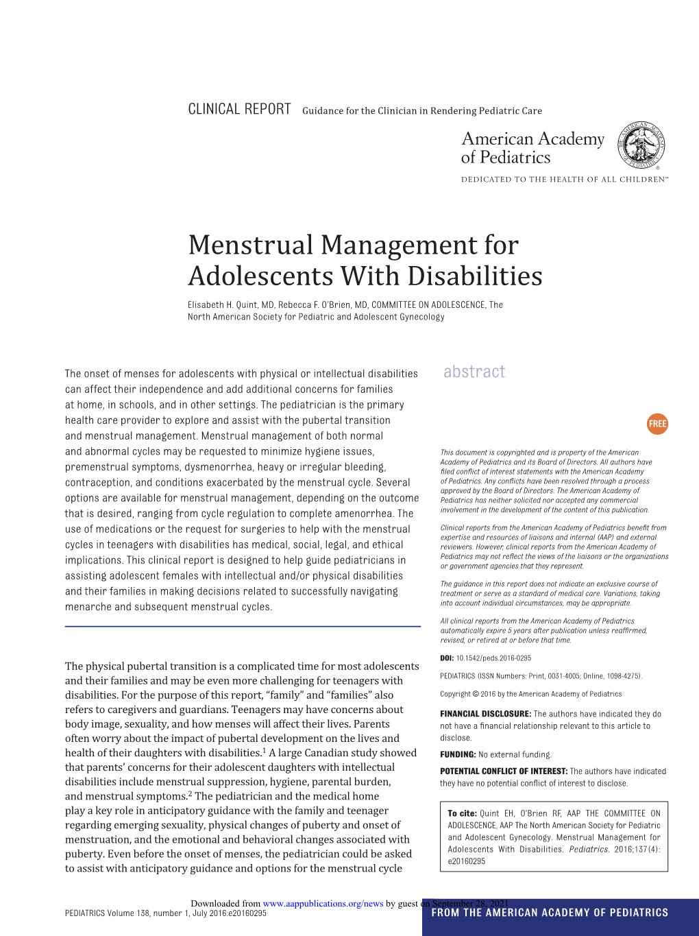 Menstrual Management for Adolescents with Disabilities Elisabeth H