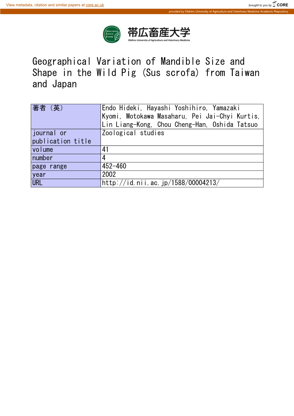 Geographical Variation of Mandible Size and Shape in the Wild Pig (Sus Scrofa) from Taiwan and Japan