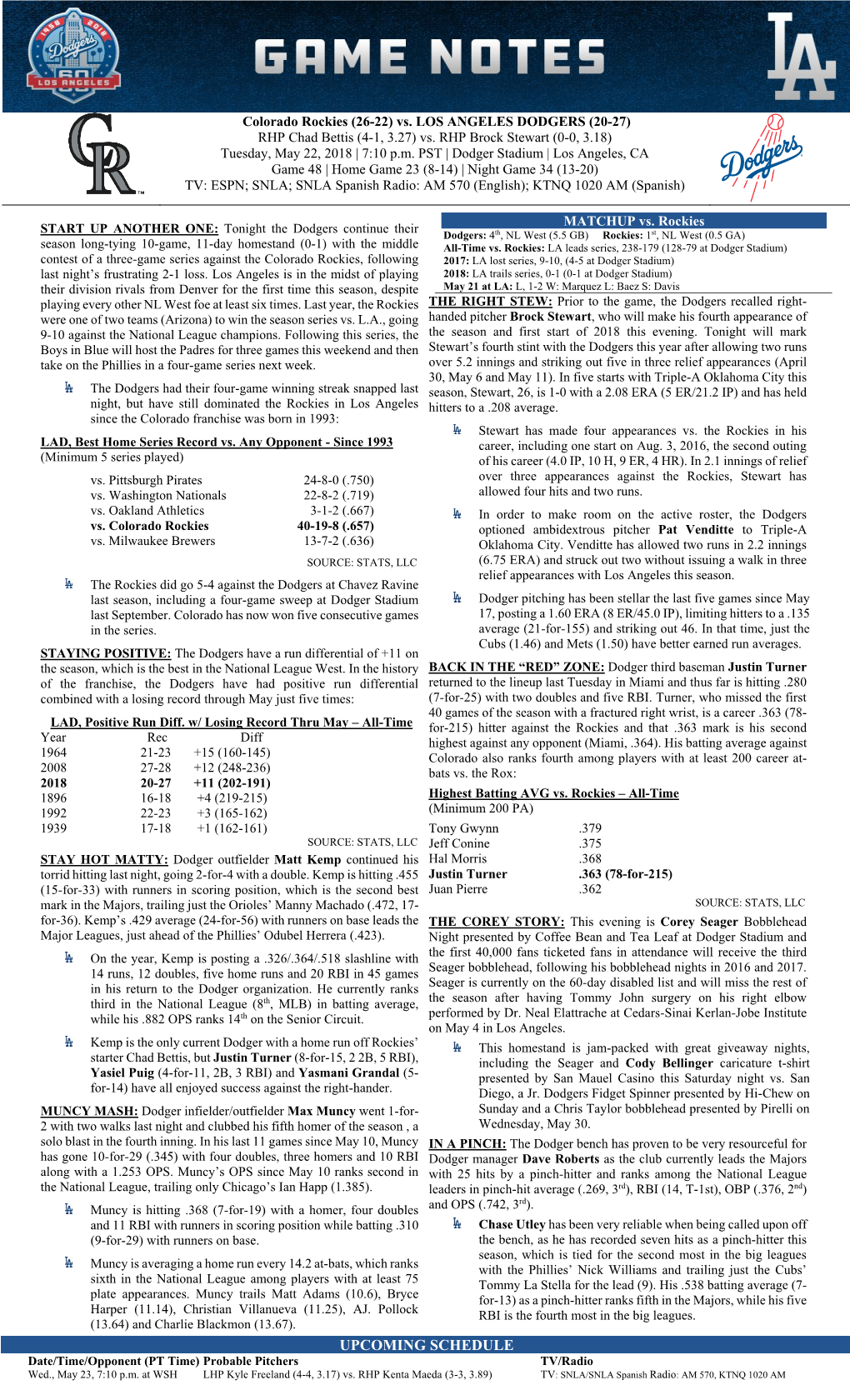 UPCOMING SCHEDULE Date/Time/Opponent (PT Time) Probable Pitchers TV/Radio Wed., May 23, 7:10 P.M