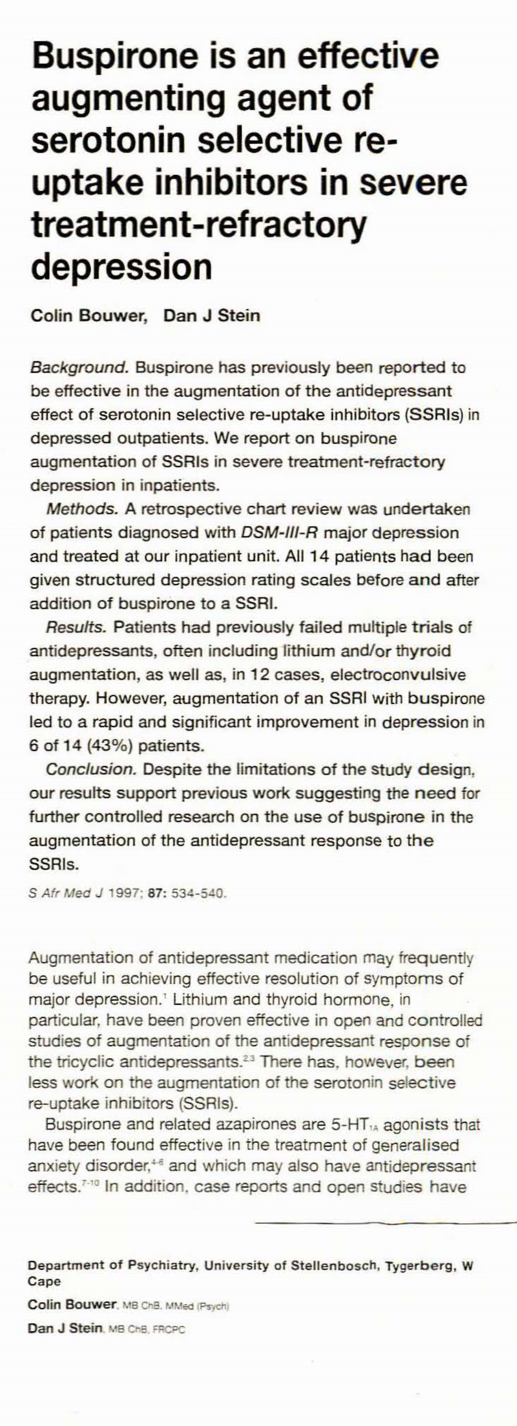 Buspirone Is an Effective Augmenting Agent of Serotonin Selective Re