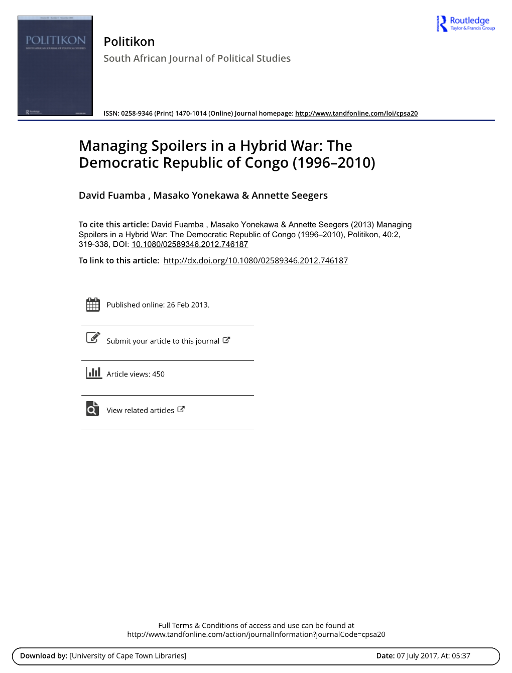 Managing Spoilers in a Hybrid War: the Democratic Republic of Congo (1996–2010)