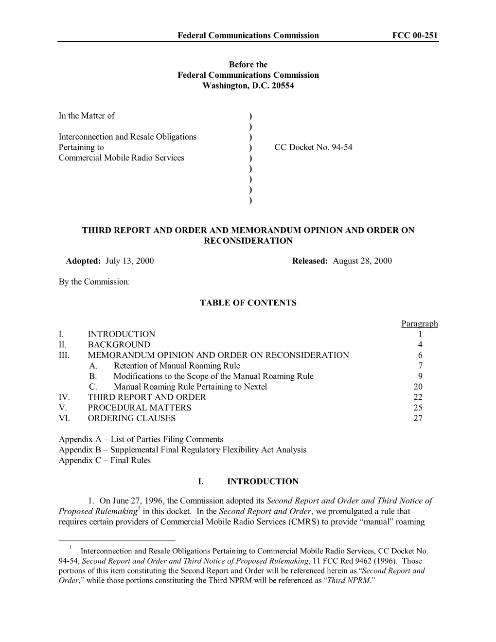 Federal Communications Commission FCC 00-251 Before the Federal