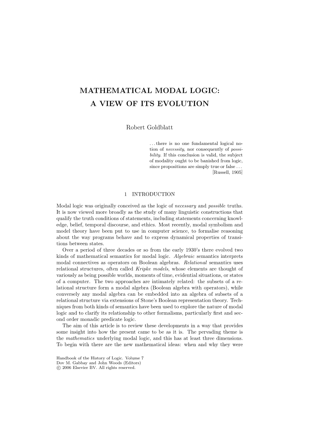 Mathematical Modal Logic: a View of Its Evolution