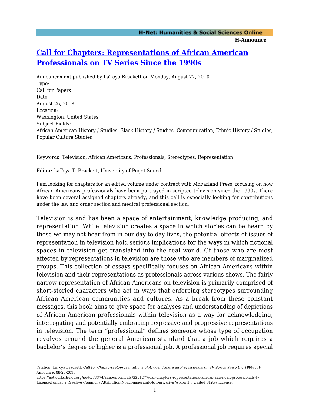 Call for Chapters: Representations of African American Professionals on TV Series Since the 1990S