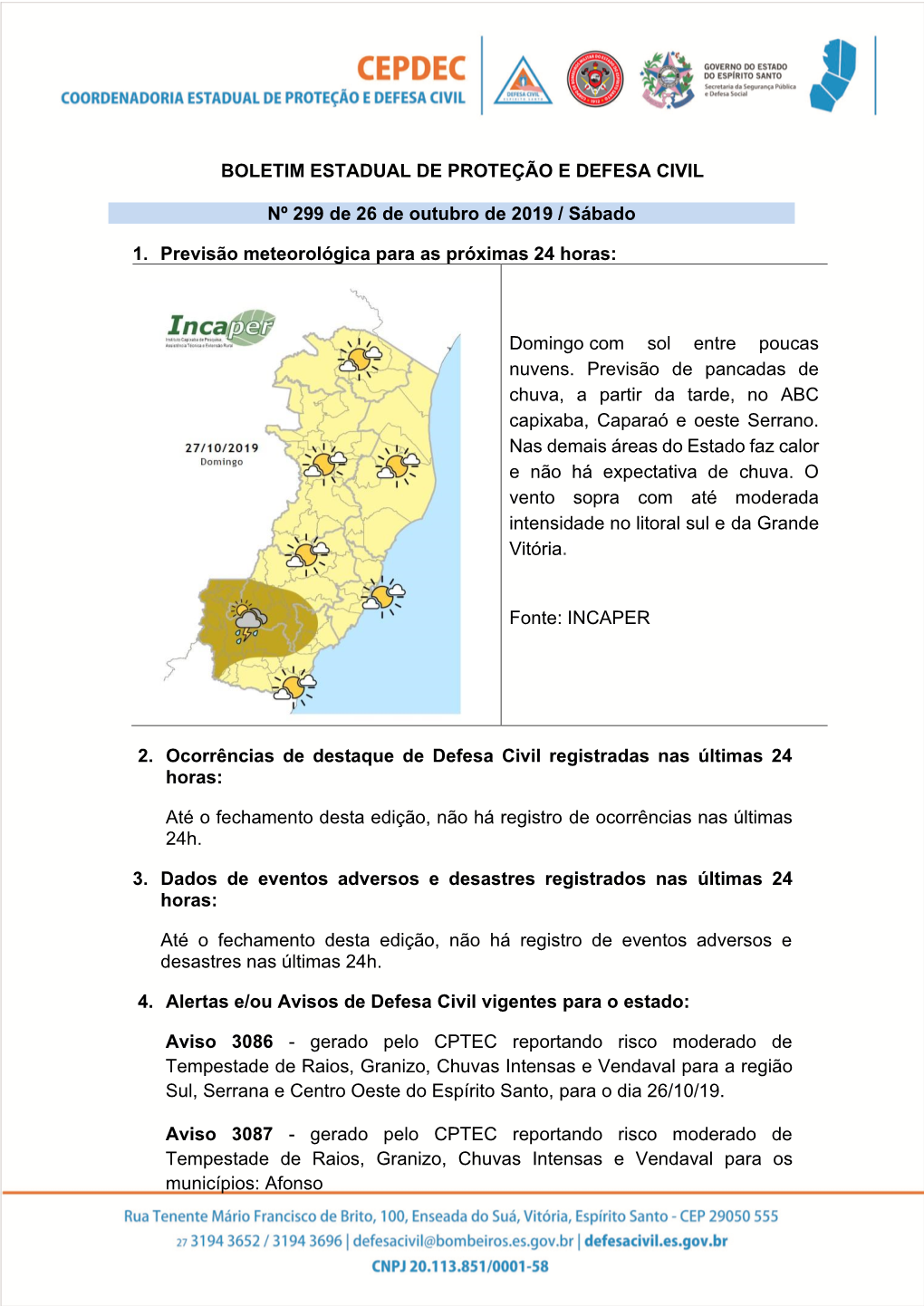 BOLETIM ESTADUAL DE PROTEÇÃO E DEFESA CIVIL Nº 299 De 26 De