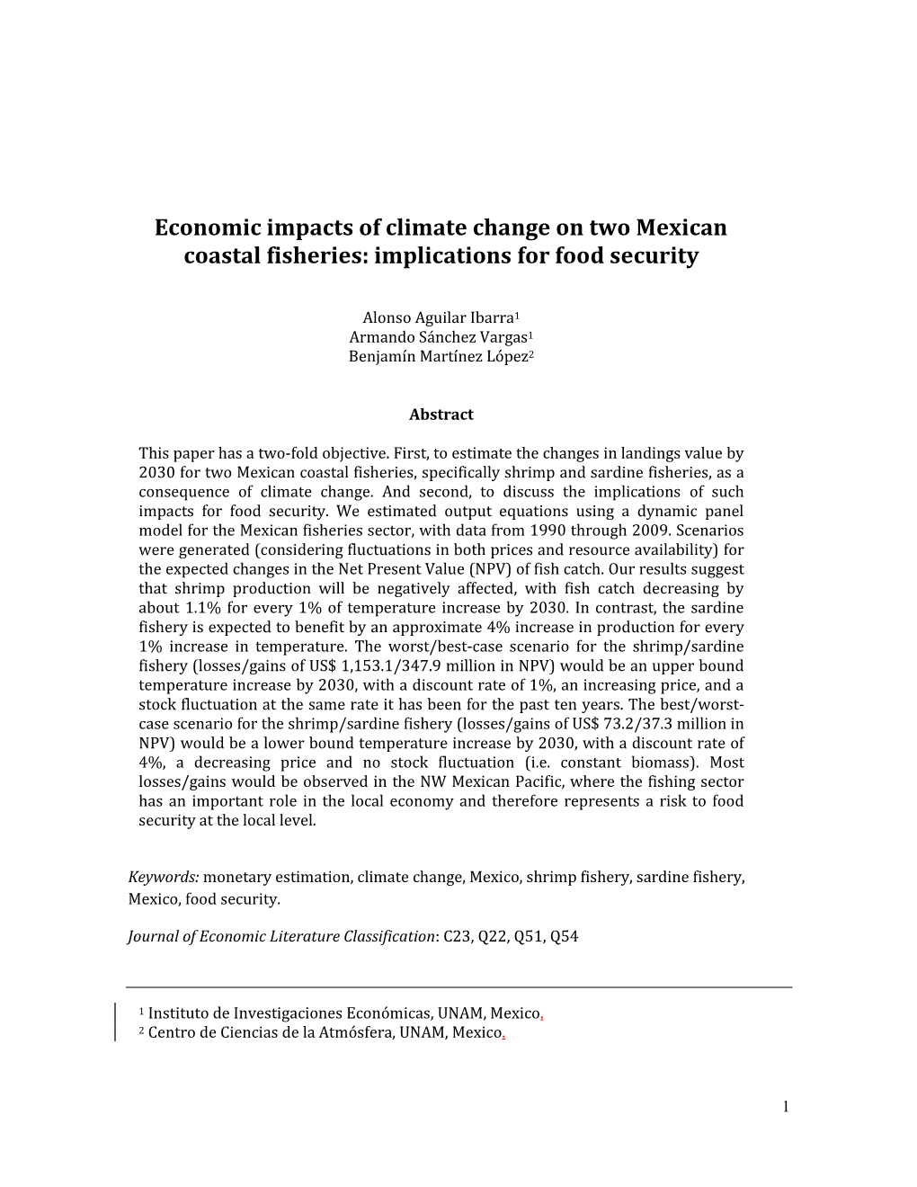 Economic Impacts of Climate Change on Two Mexican Coastal Fisheries: Implications for Food Security