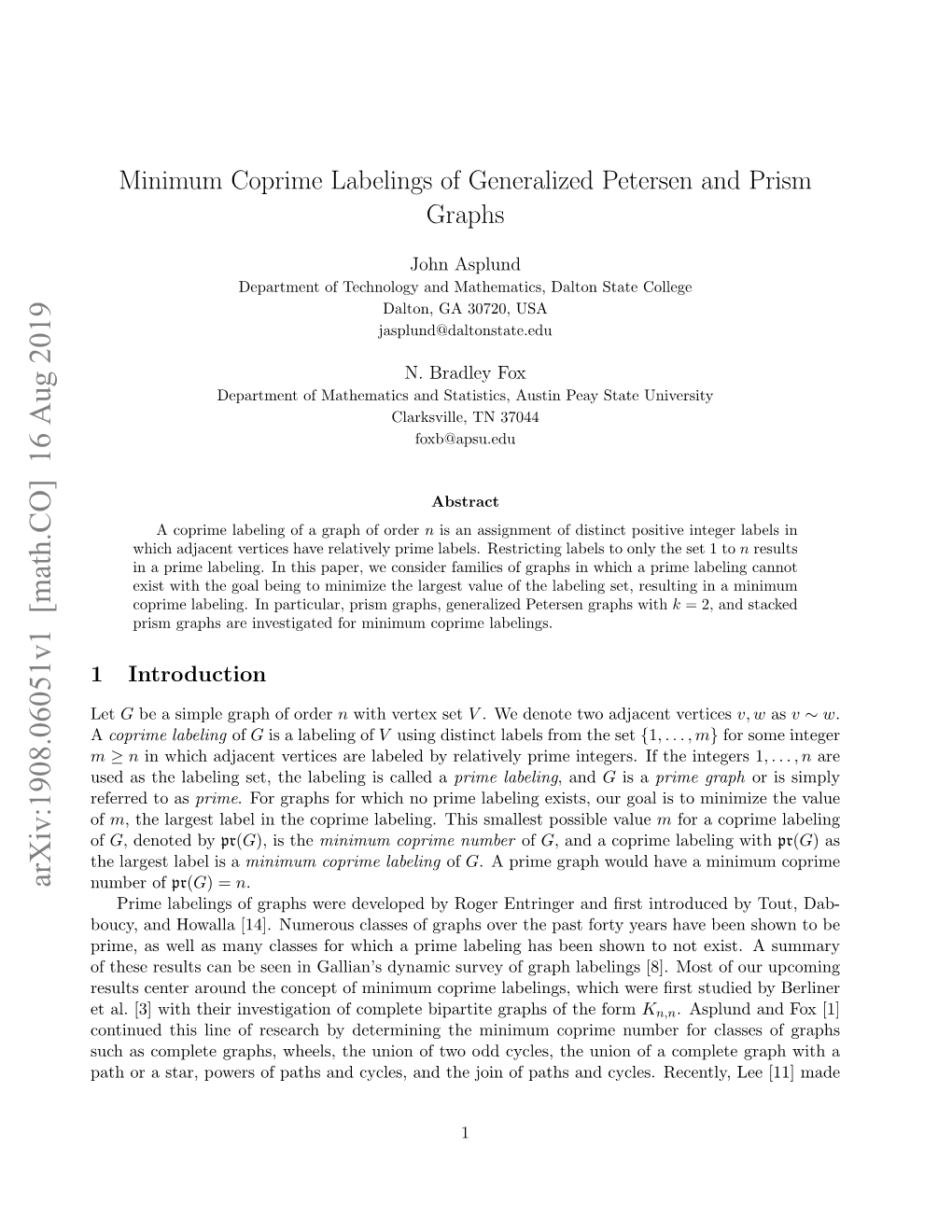 Minimum Coprime Labelings of Generalized Petersen and Prism Graphs