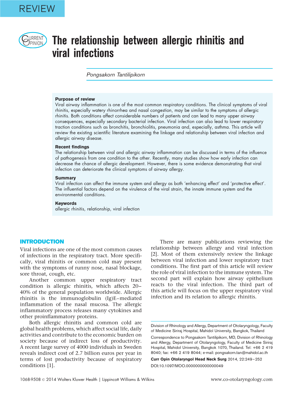 The Relationship Between Allergic Rhinitis and Viral Infections