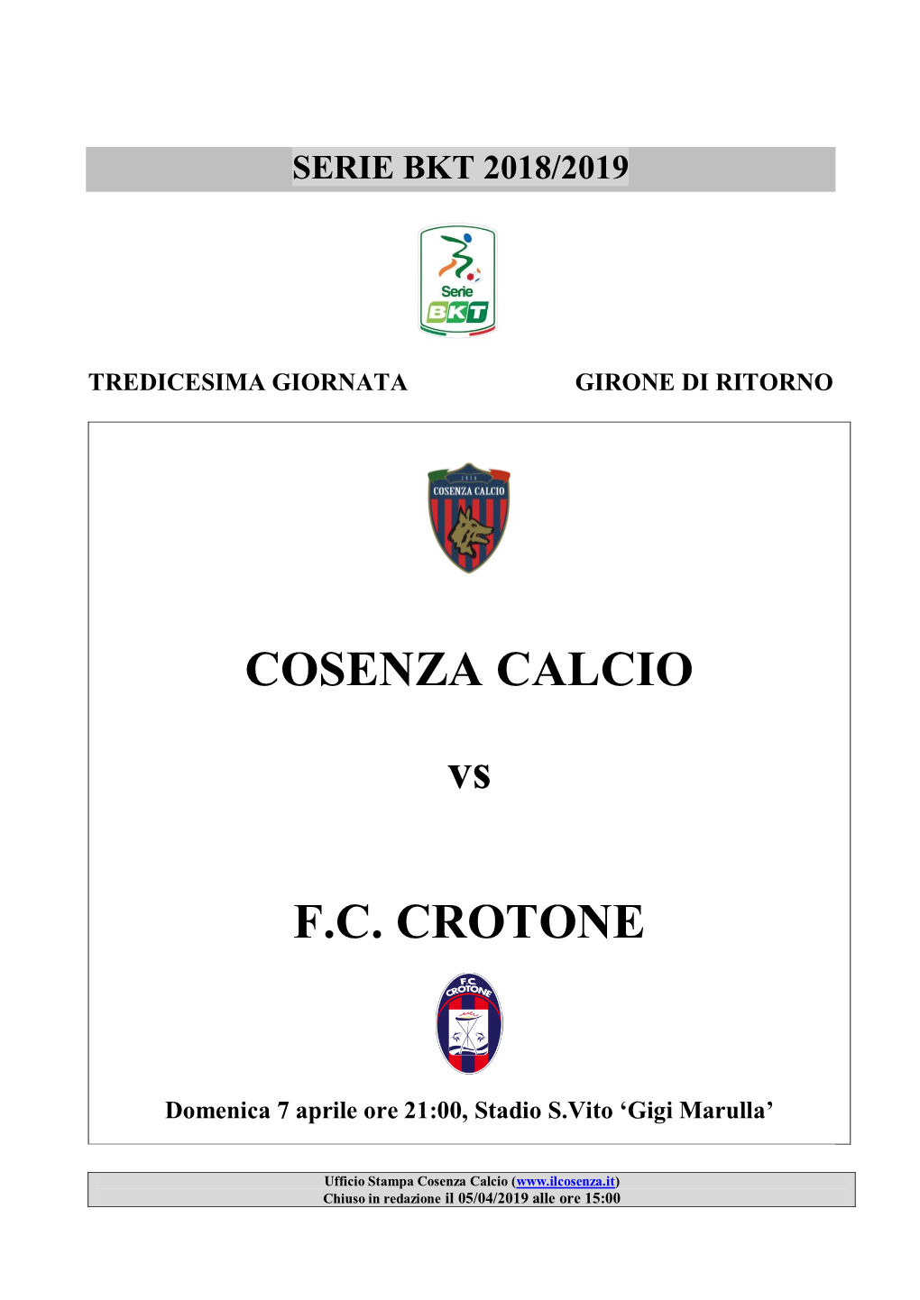 COSENZA CALCIO Vs F.C. CROTONE