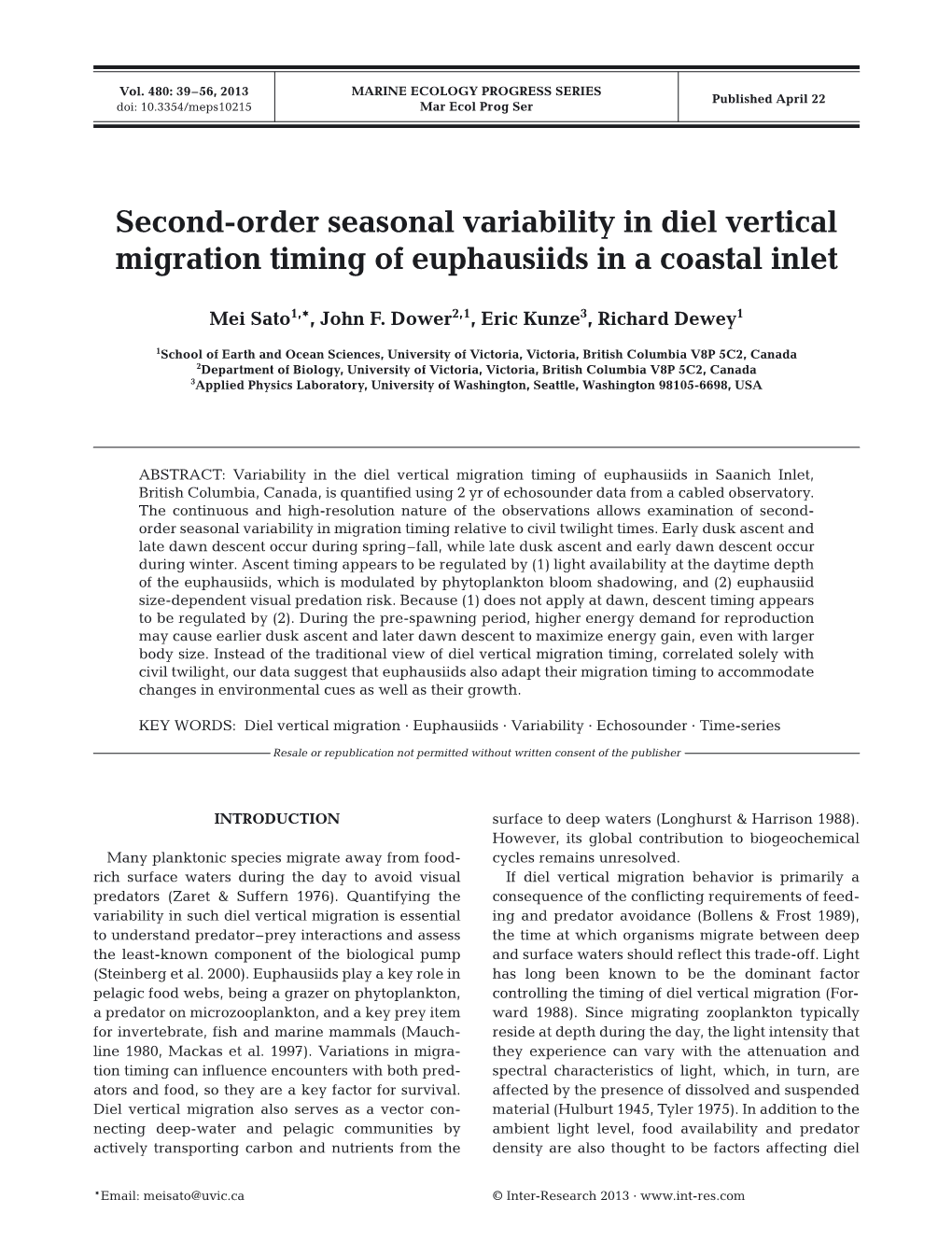 Second-Order Seasonal Variability in Diel Vertical Migration Timing of Euphausiids in a Coastal Inlet