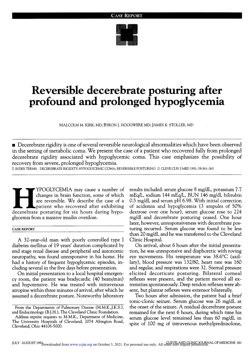 Reversible Decerebrate Posturing After Profound and Prolonged Hypoglycemia