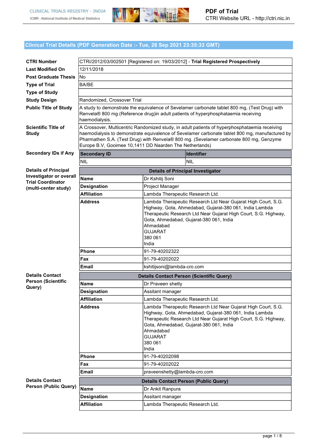 CTRI Trial Data