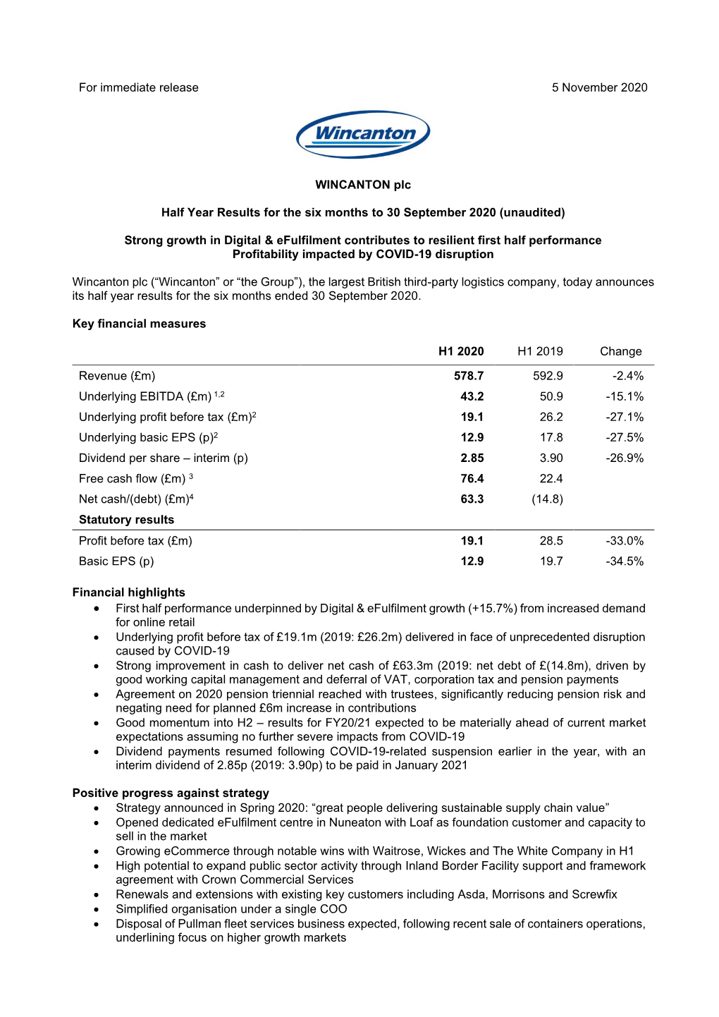 For Immediate Release 5 November 2020 WINCANTON Plc Half Year