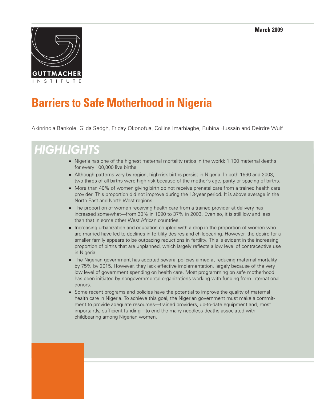 Barriers to Safe Motherhood in Nigeria