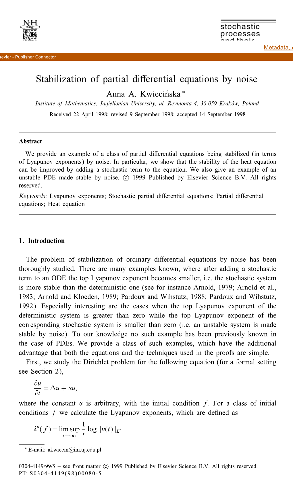 Stabilization of Partial Differential Equations by Noise