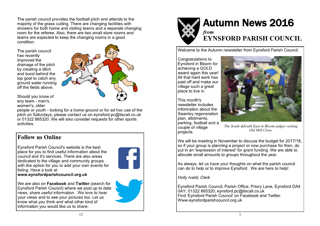Autumn News 2016 Showers for Both Home and Visiting Teams and a Separate Changing Room for the Referee