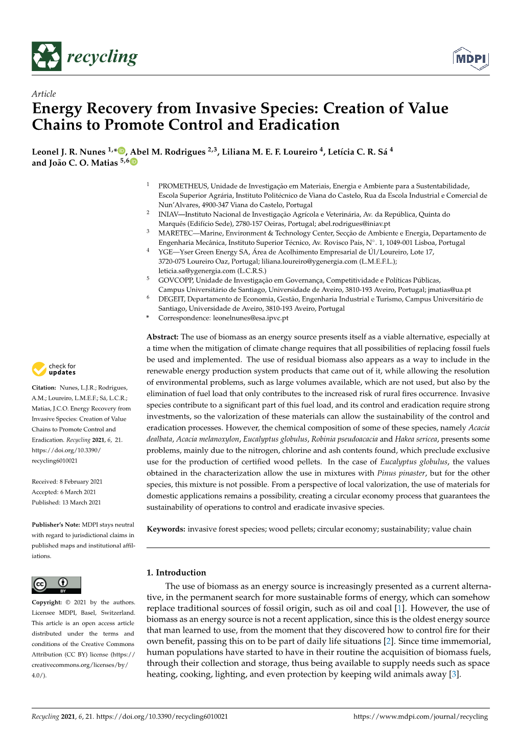 Energy Recovery from Invasive Species: Creation of Value Chains to Promote Control and Eradication