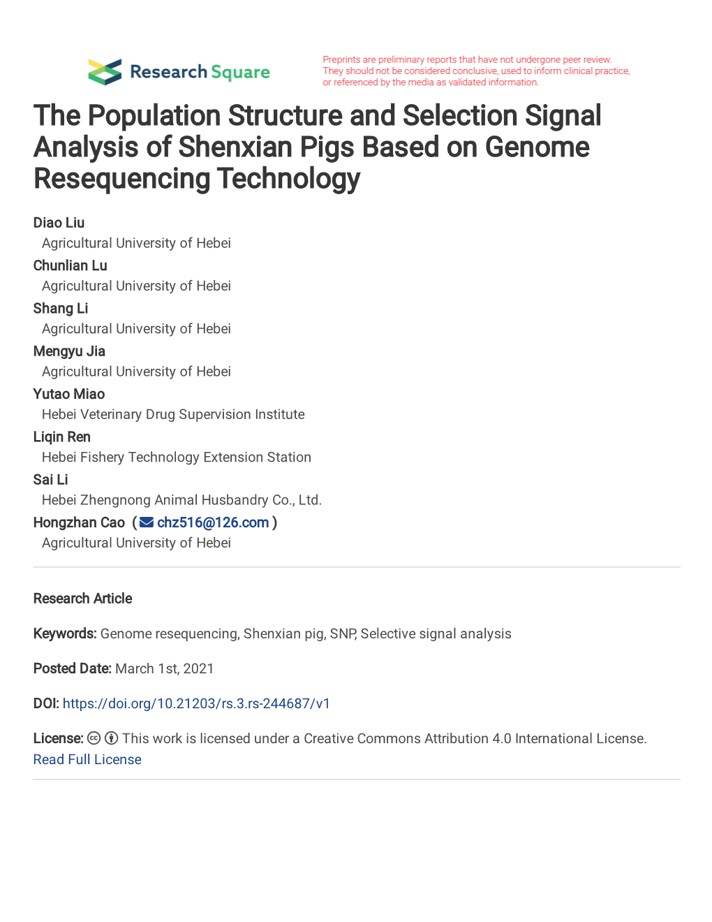 The Population Structure and Selection Signal Analysis of Shenxian Pigs Based on Genome Resequencing Technology