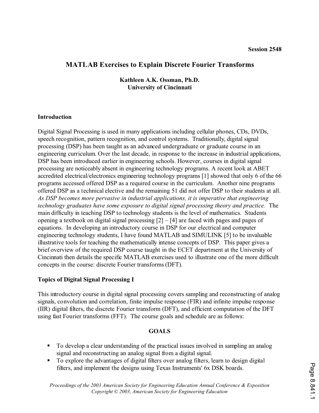 MATLAB Exercises to Explain Discrete Fourier Transforms