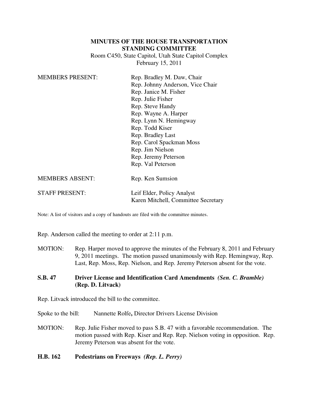 Minutes for House Rules Committee 02/15