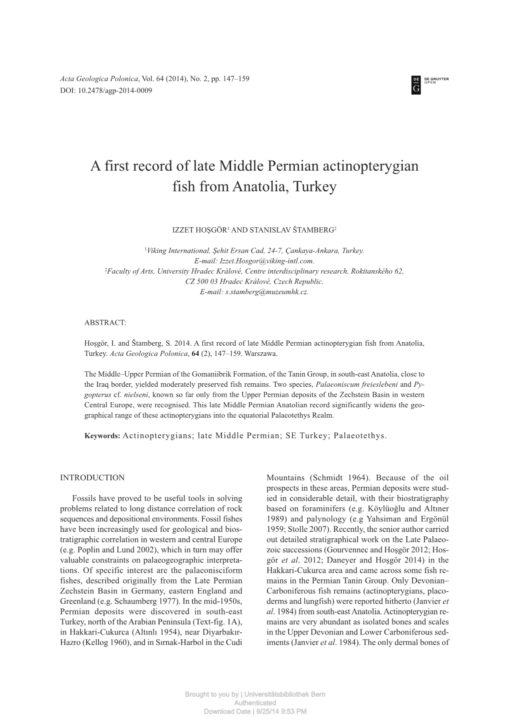 A First Record of Late Middle Permian Actinopterygian Fish from Anatolia, Turkey