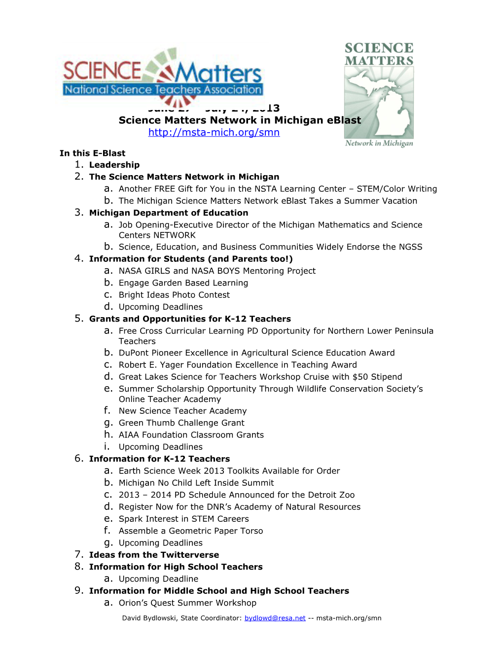 October 18, 2004 - Building a Presence for Science: MSTA/ Michigan Partner E-Blast