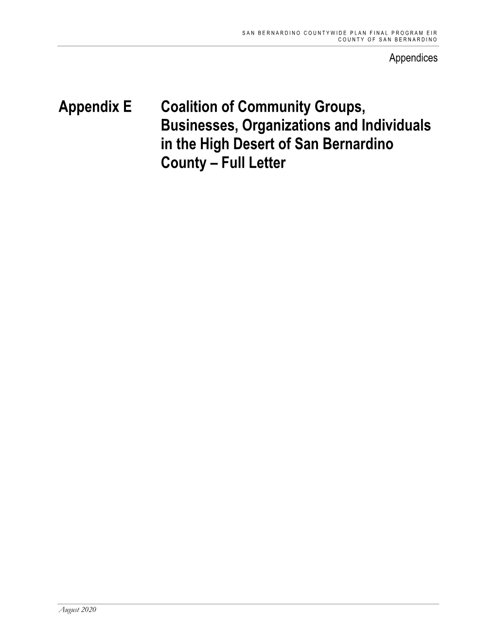 Appendix E Coalition of Community Groups, Businesses, Organizations and Individuals in the High Desert of San Bernardino County – Full Letter