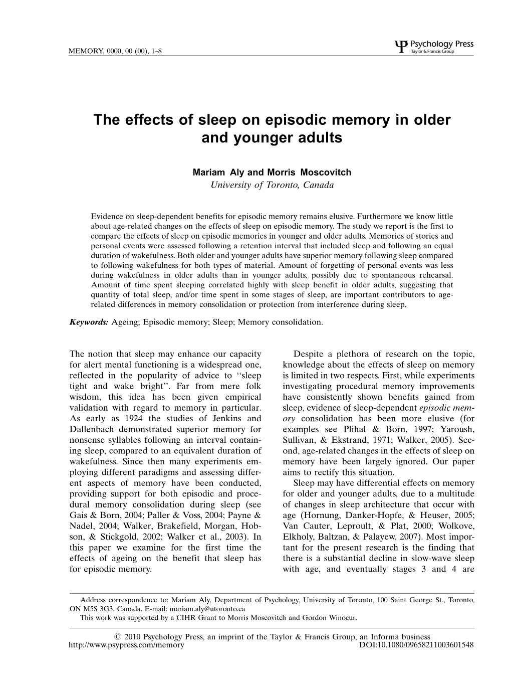 The Effects of Sleep on Episodic Memory in Older and Younger Adults