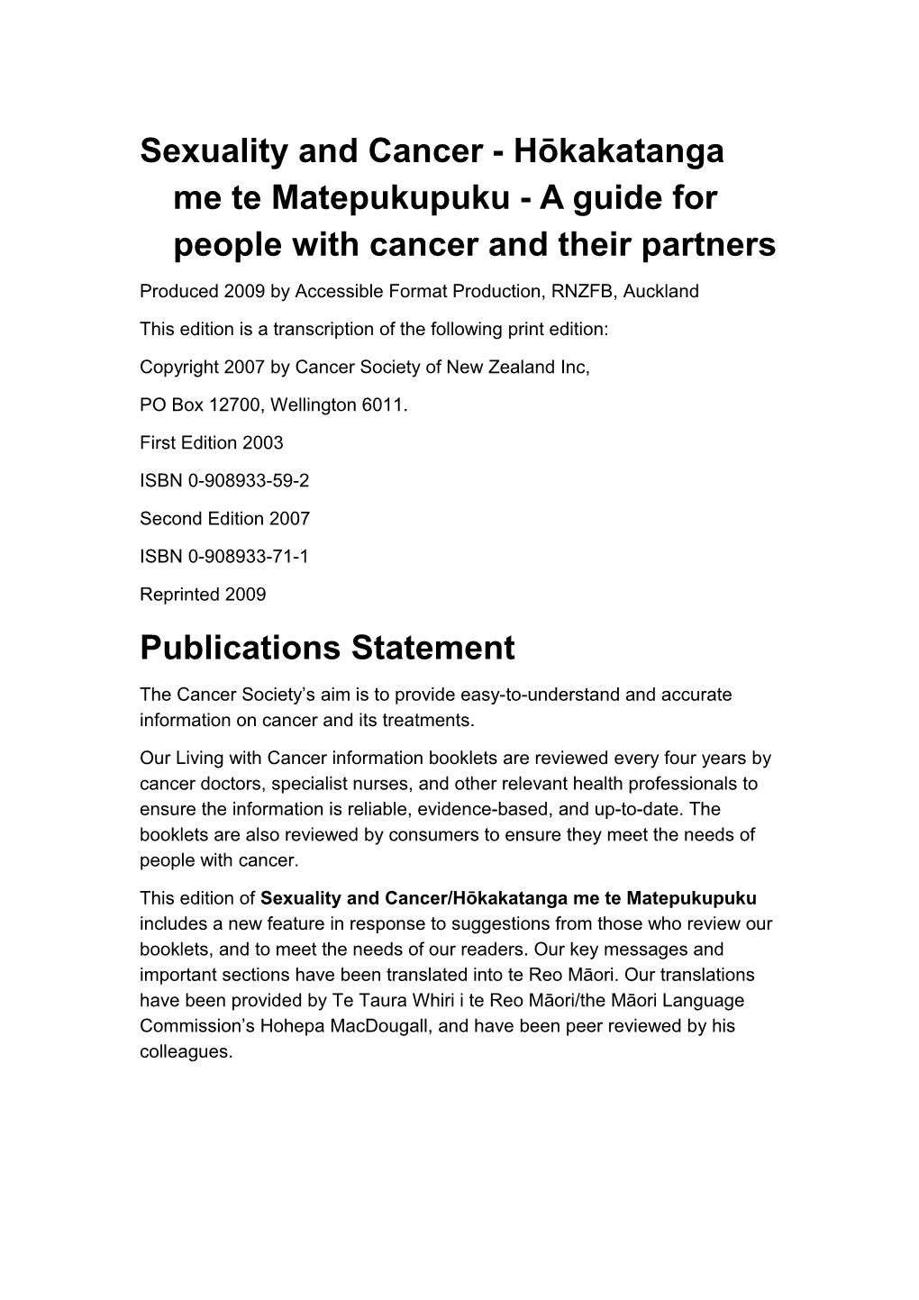 Sexuality and Cancer - Hōkakatanga Me Te Matepukupuku - a Guide for People with Cancer