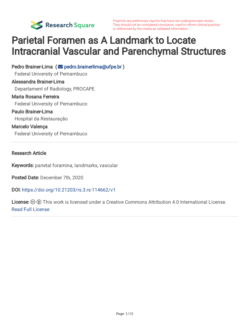 Parietal Foramen As a Landmark to Locate Intracranial Vascular and Parenchymal Structures