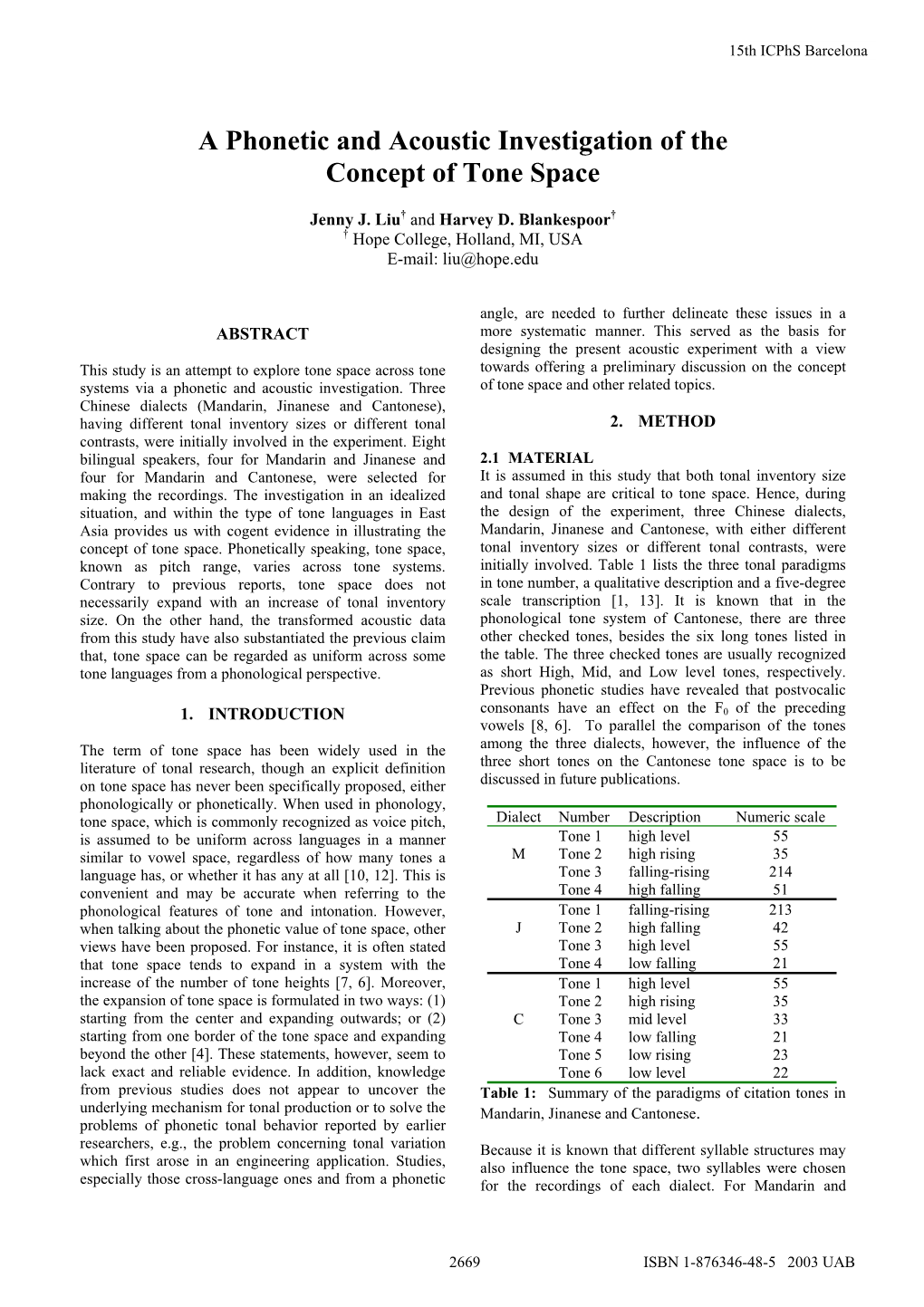 A Phonetic and Acoustic Investigation of the Concept of Tone Space