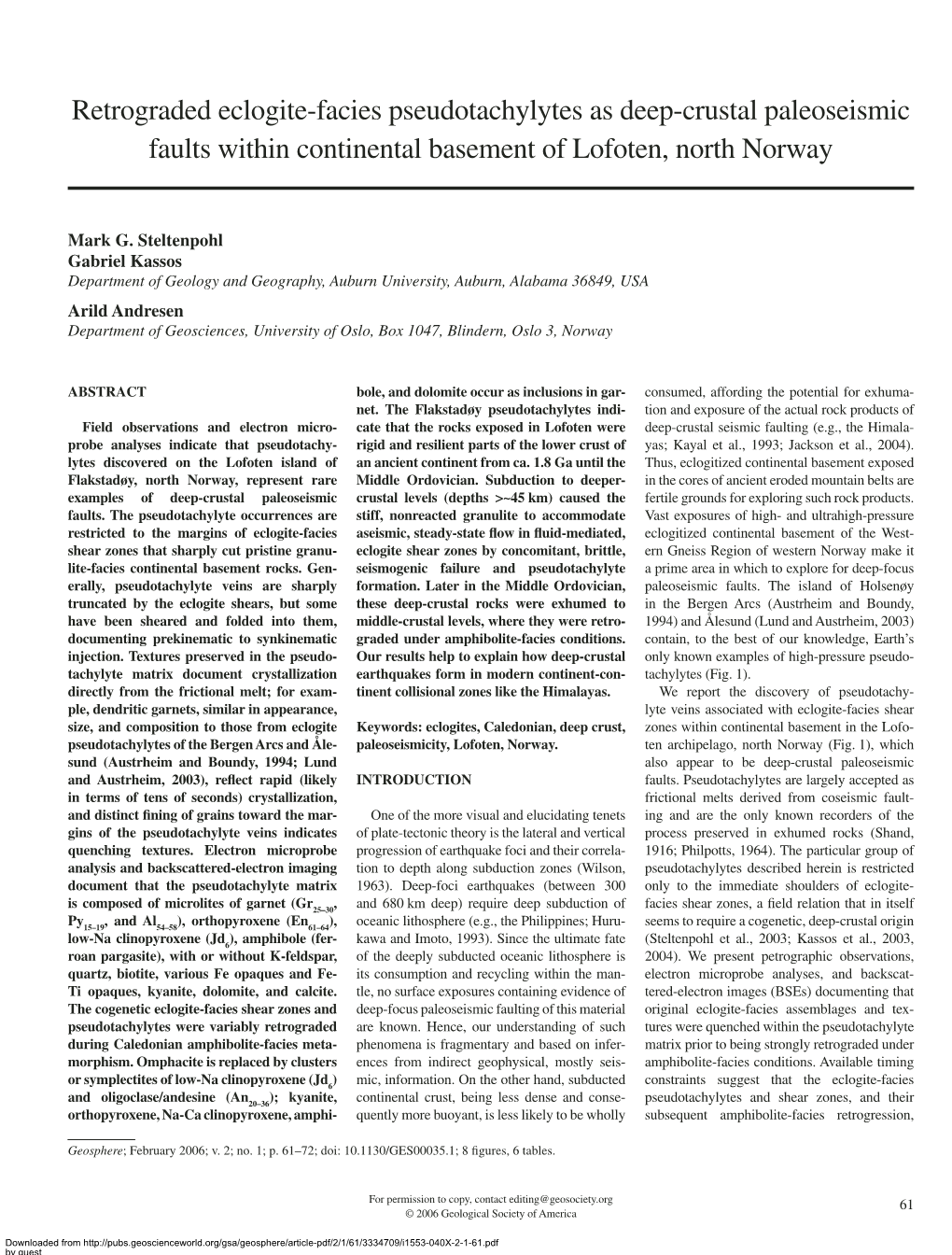 Retrograded Eclogite-Facies Pseudotachylytes As Deep-Crustal Paleoseismic Faults Within Continental Basement of Lofoten, North Norway