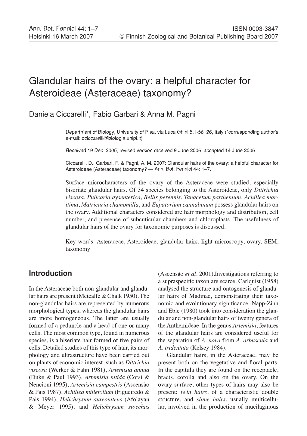 Glandular Hairs of the Ovary: a Helpful Character for Asteroideae (Asteraceae) Taxonomy?