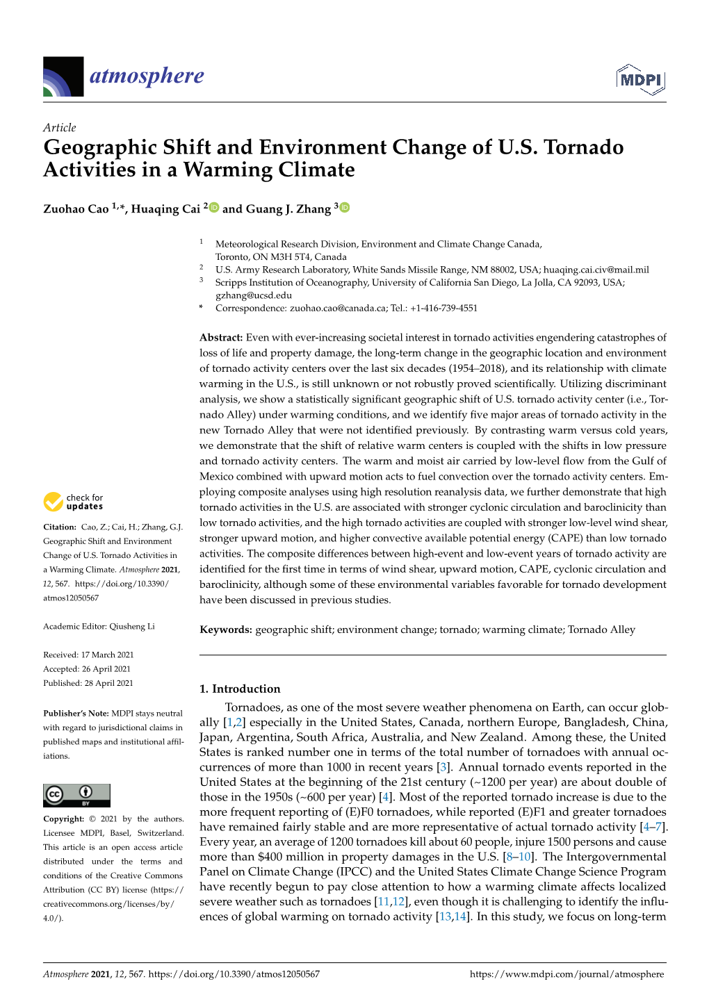 Geographic Shift and Environment Change of U.S. Tornado Activities in a Warming Climate