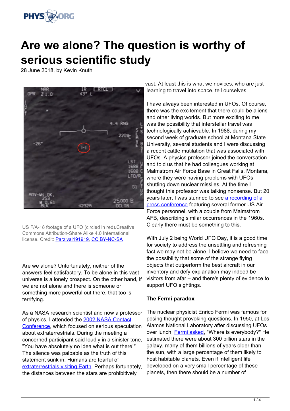 Are We Alone? the Question Is Worthy of Serious Scientific Study 28 June 2018, by Kevin Knuth