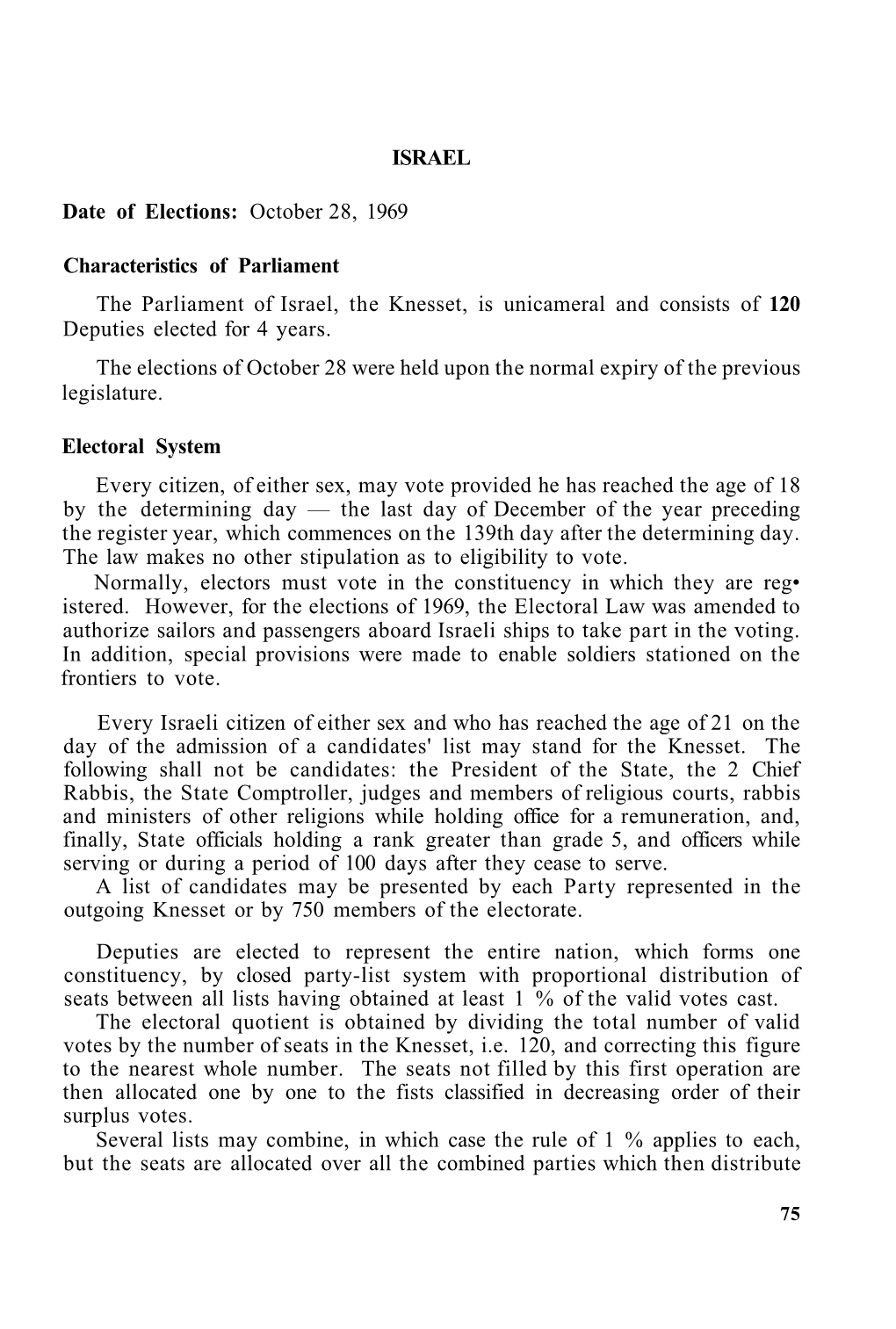 ISRAEL Date of Elections: October 28, 1969 Characteristics Of