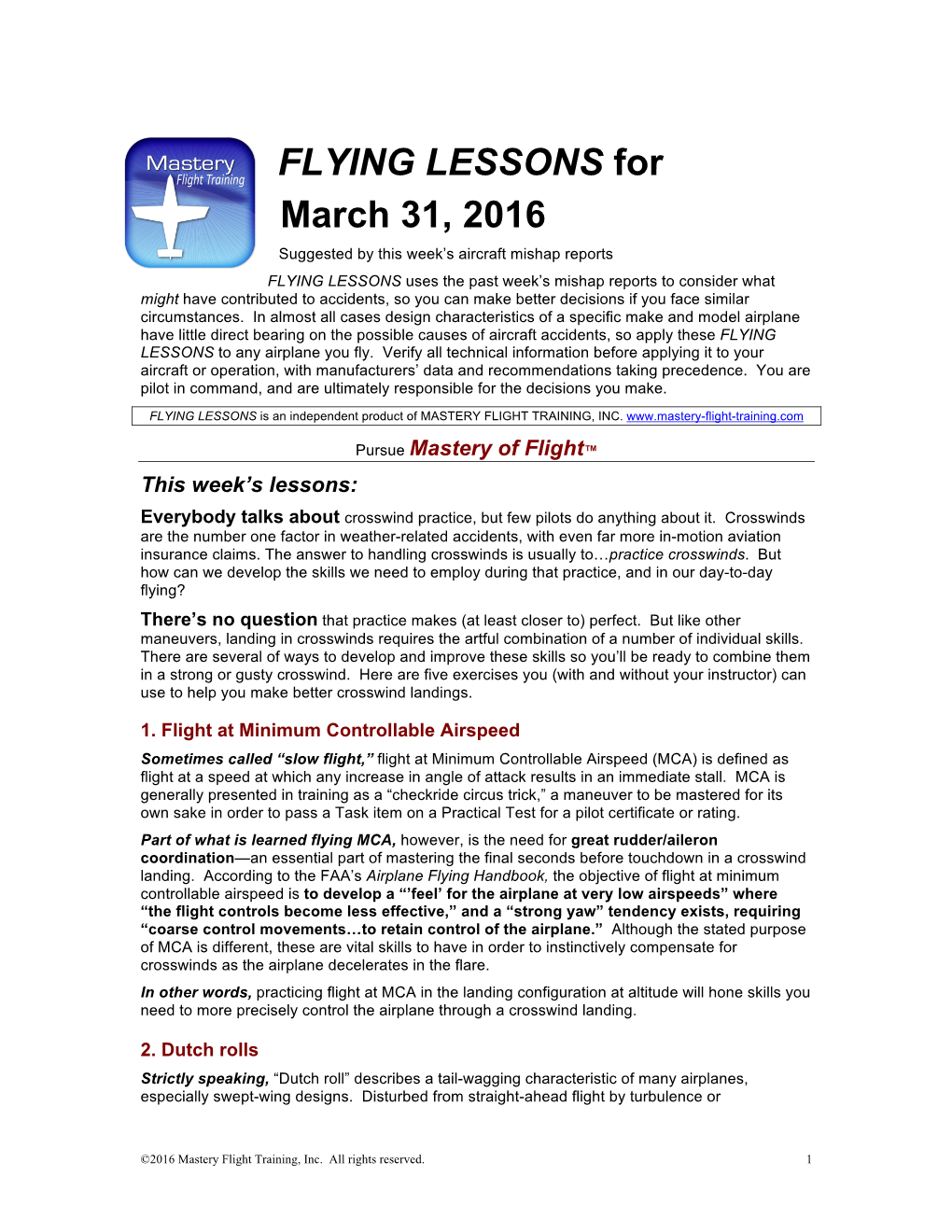 FLYING LESSONS for March 31, 2016